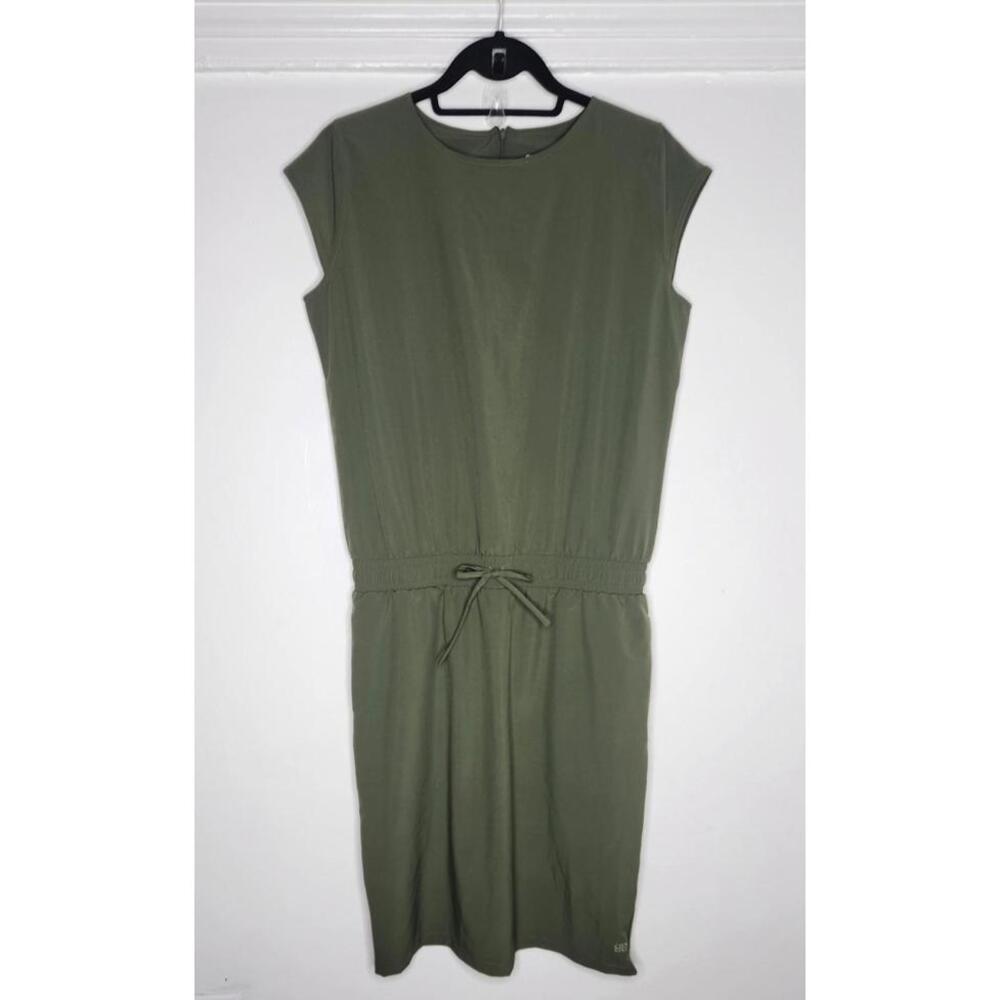 Albion Dress Womens Medium Olive Green Elastic Waist Drawstring Short Sleeve